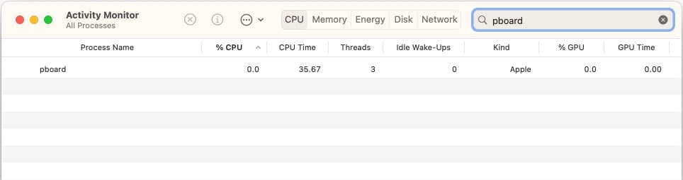 Search result for the pboard process in the macOS Activity Monitor app