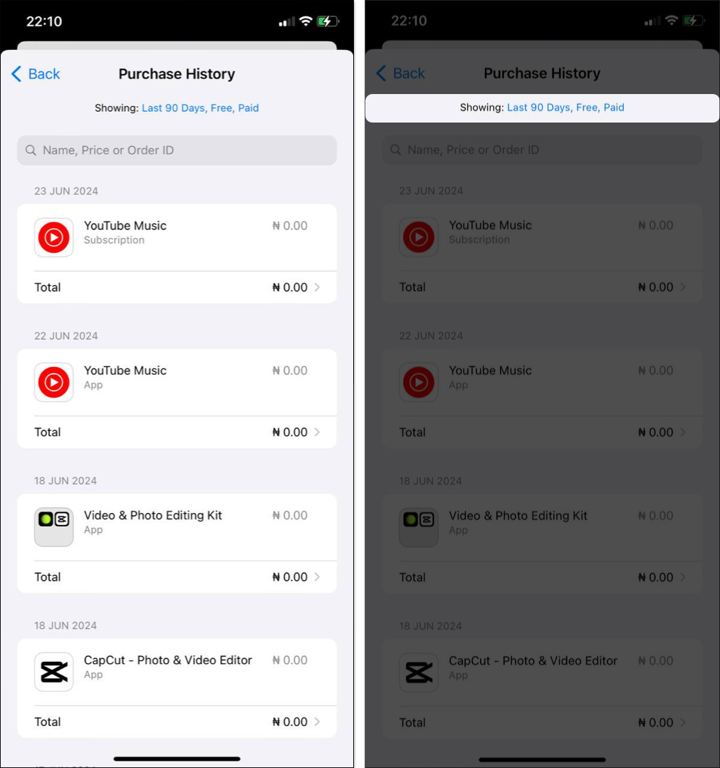 Purchase History with a list of App Store purcahses from the last 90 days on an iPhone.