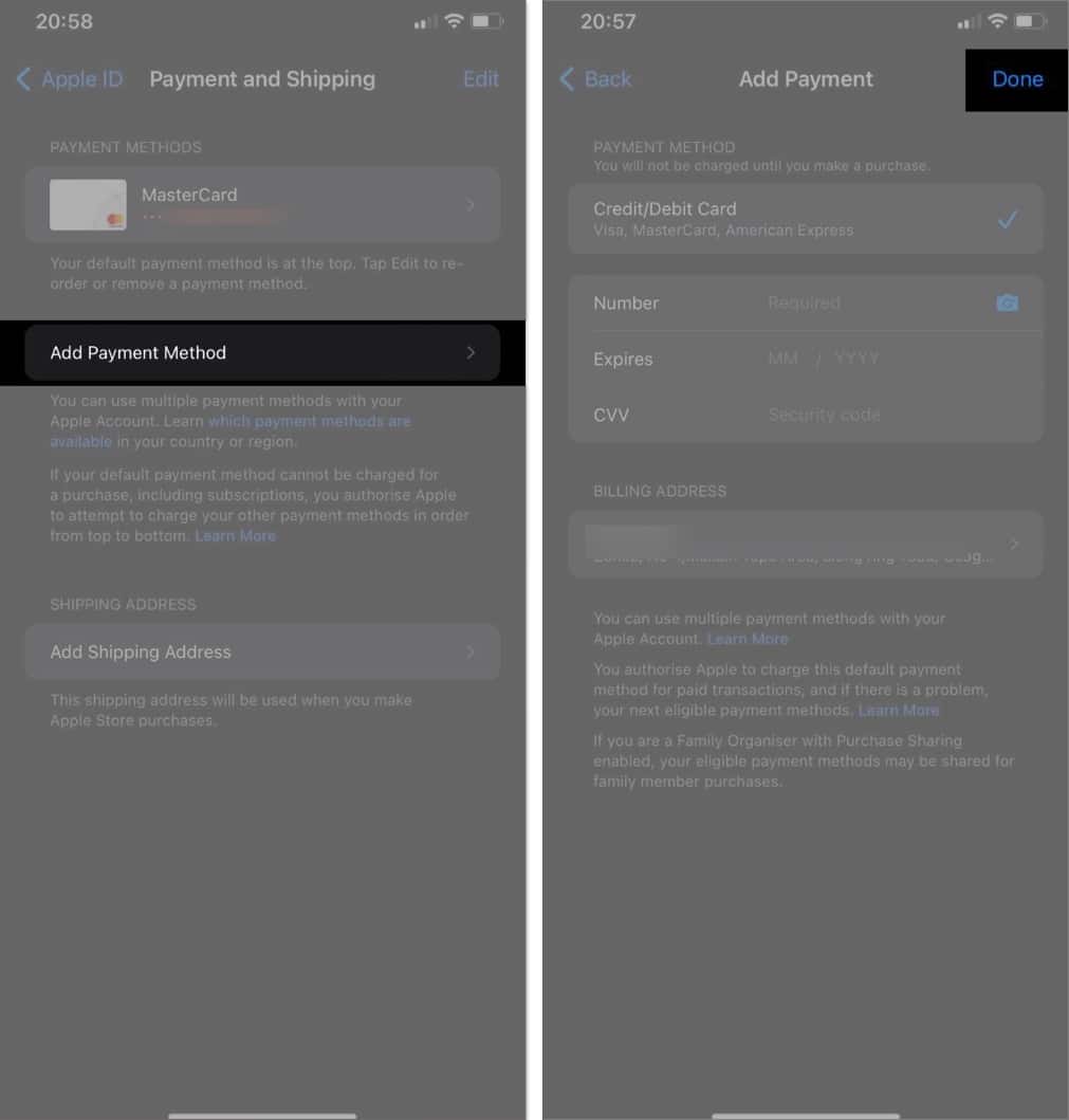 Add Payment Method option under Payment and Shipping page on iPhone Settings app