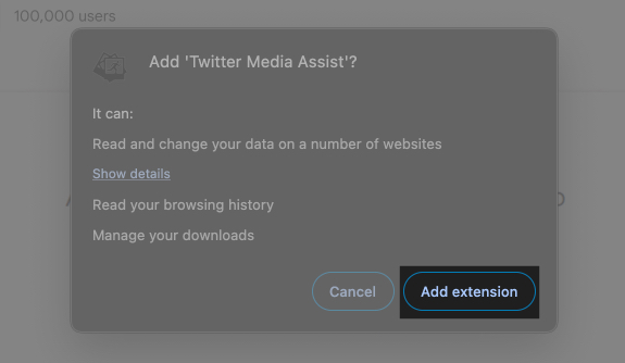 Prompt confirming addition of the Twitter Media Asset extension to Chrome on a desktop.
