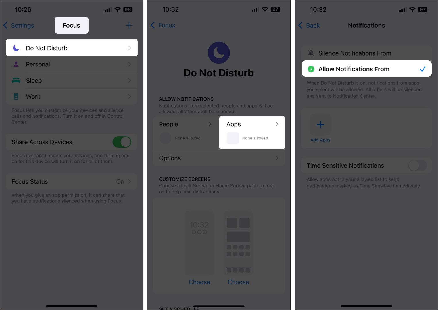 Allow Notifications From option in Do Not Disturb Focus setting on iPhone.