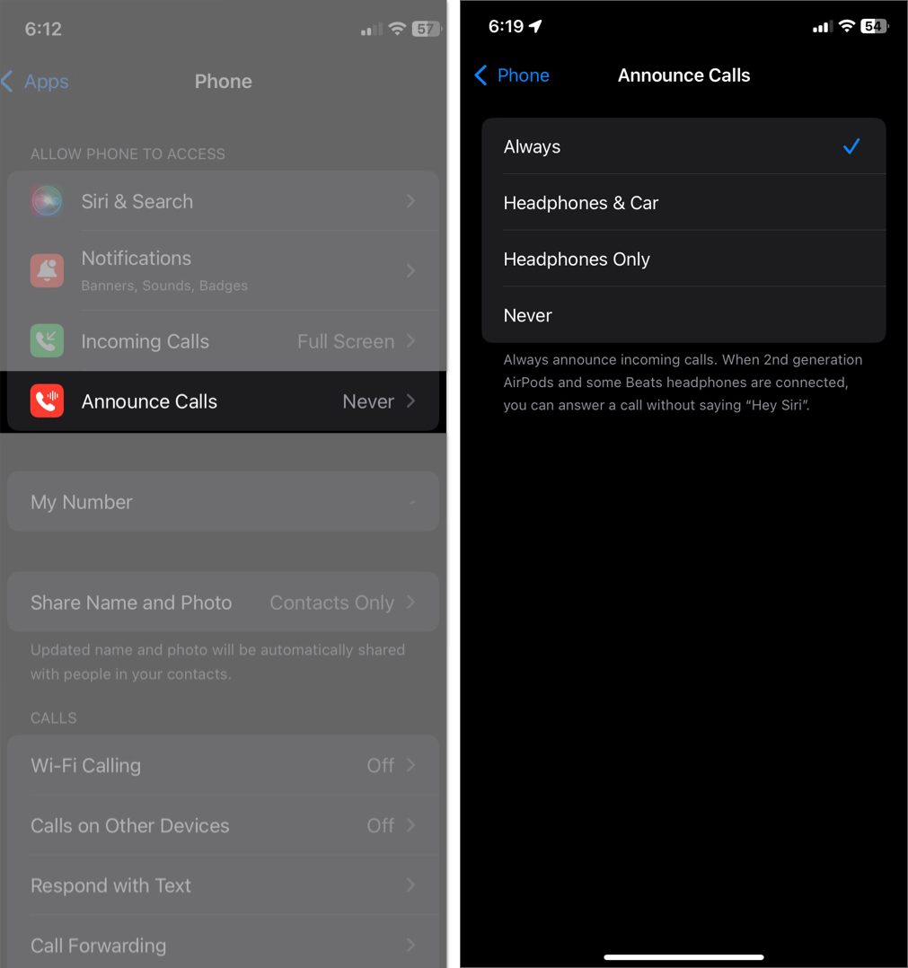 Announce Calls option in iOS 18 iPhone Settings app.