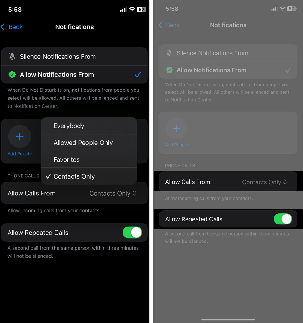 Focus mode customization screen in iPhone Settings app.