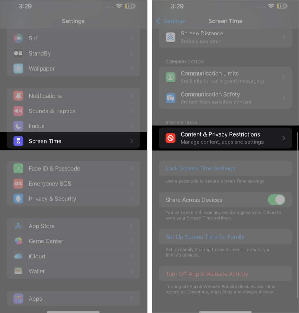 Content  Privacy Restrictions option under Screen Time settings on an iPhone