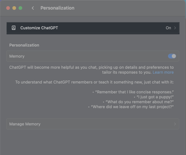 Select Customize ChatGPT on Mac app