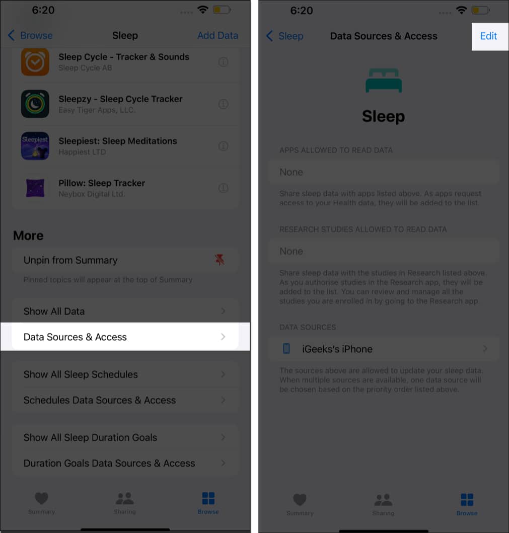 Select Data Sources and Access on iPhone