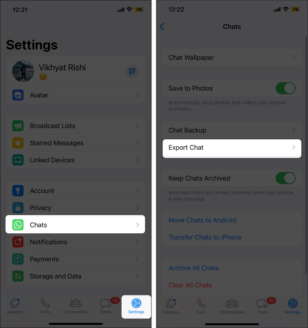 Select Export chats on WhatsApp from iPhone