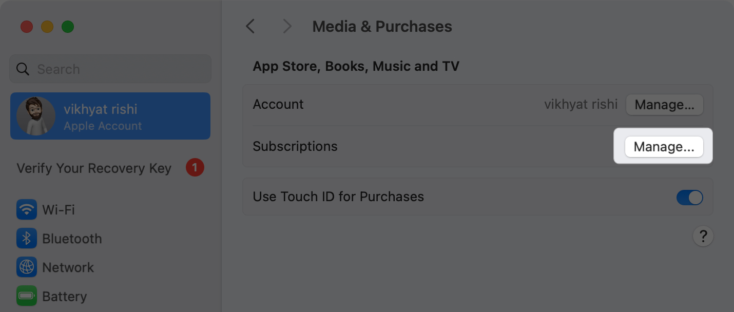 Manage option for managing subscriptions in System Settings on a Mac.