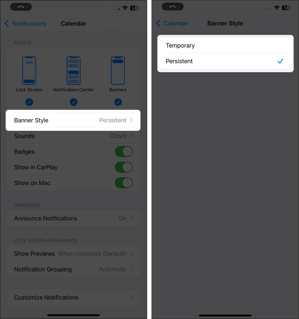 Banner Style settings for notifications in iPhone Settings app.