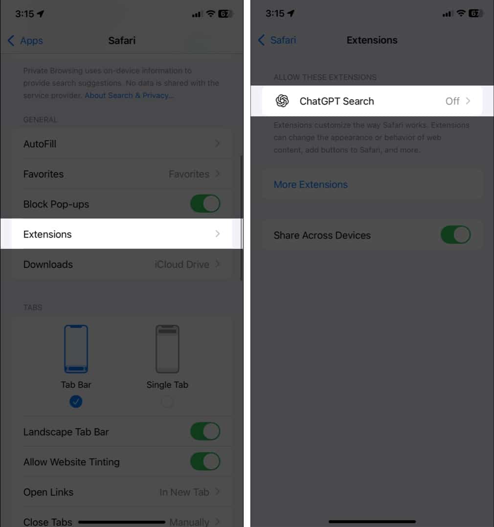 Select Safari tap Extensions and choose ChatGPT Search Extension