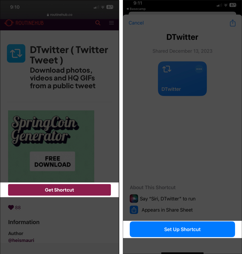 Get Shortcut and Set Up Shortcut buttons on the RoutineHub website to add the DTwitter shortcut to the Shortcuts app library.