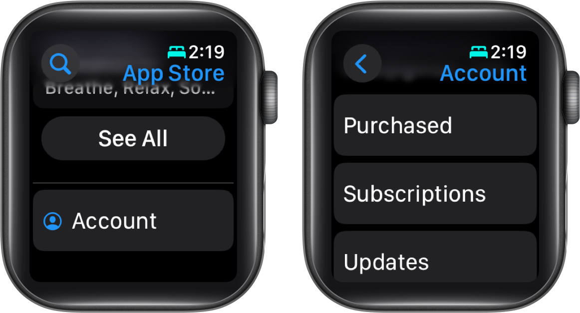 Account and Subscriptions option in the App Store on an Apple Watch.