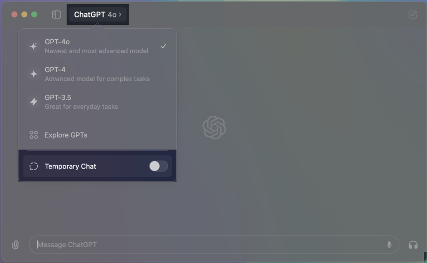 Select Temporary chat in ChatGPT on Mac