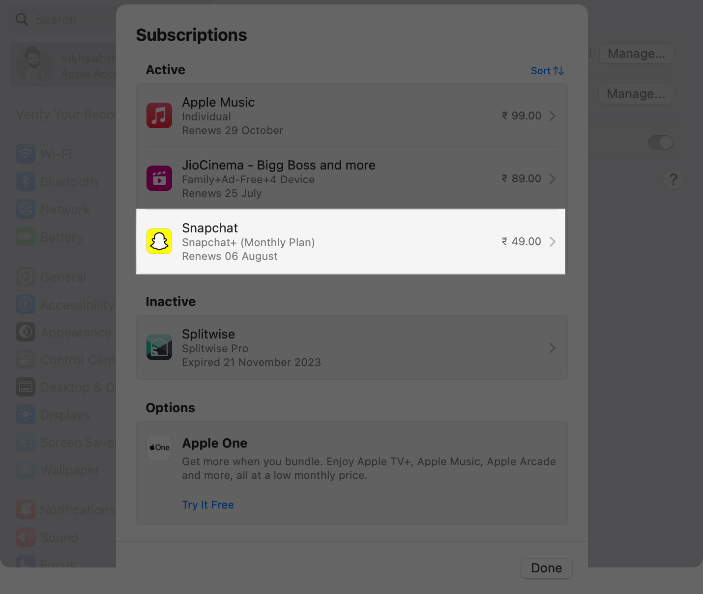Active subscription details in System Settings on a Mac.
