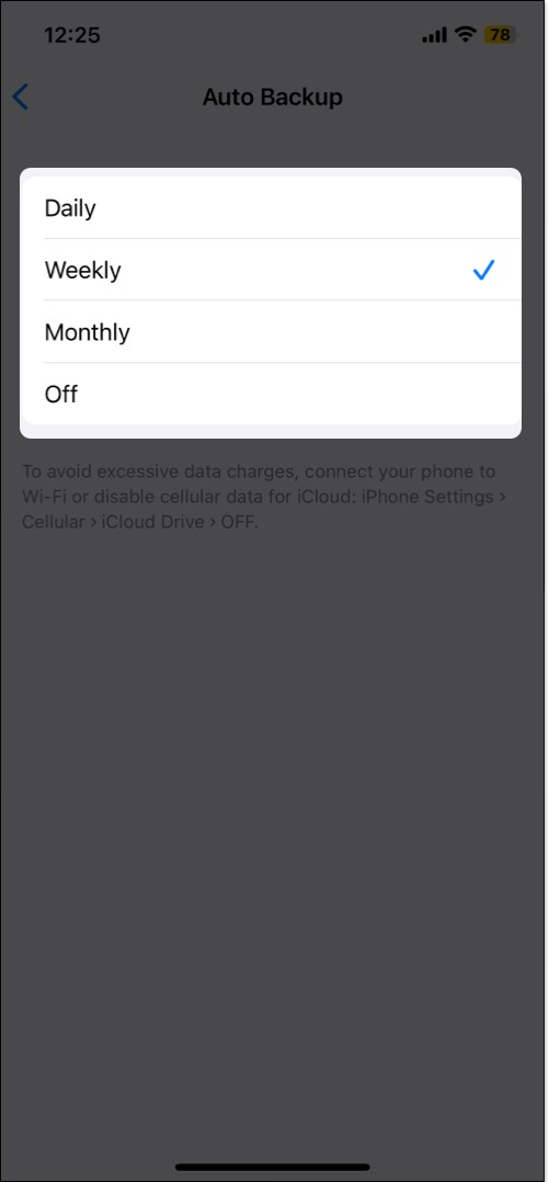 Select duration for WhatsApp chat backup on iPhone