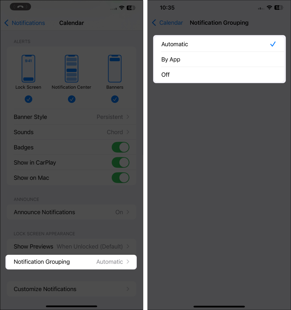 Notification Grouping setting for an app in the Settings app.