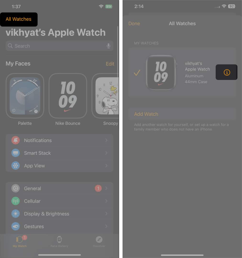 i button to view more details about the paired Apple Watch in the Watch app on an iPhone