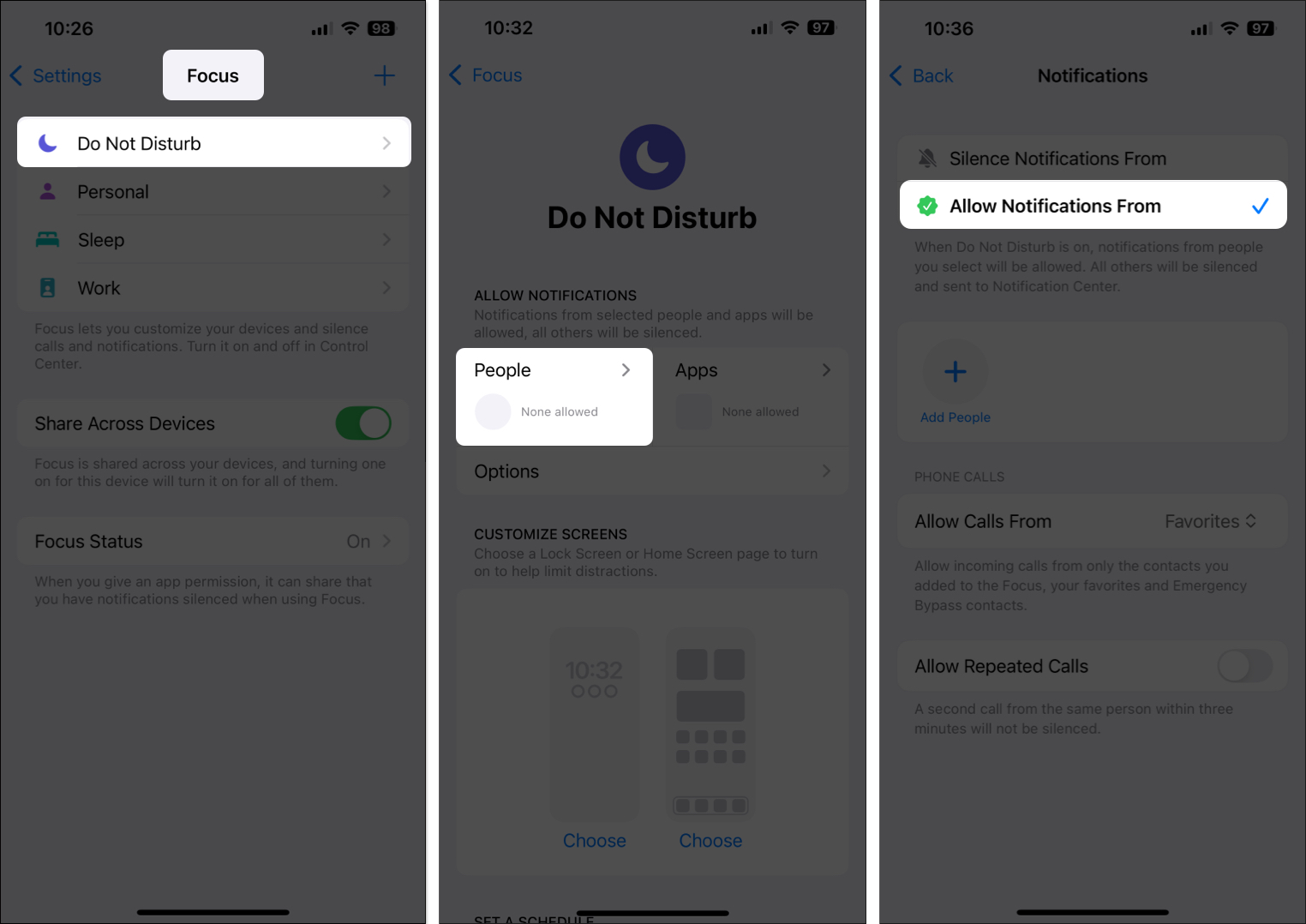 Allow Notifications From option in Do Not Disturb Focus setting on iPhone.