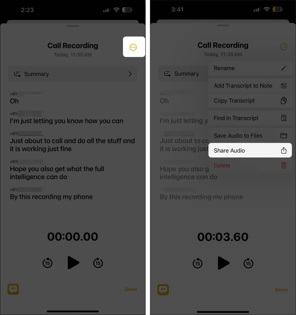 Share options for a recorded call in the Notes app on an iPhone