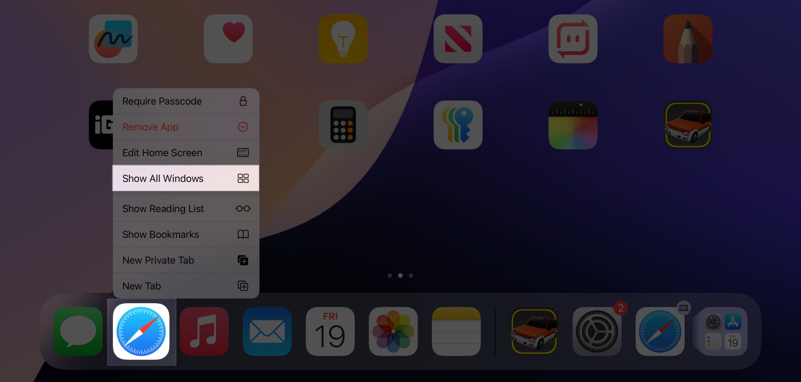 Show all Windows option in the Safari context menu on an iPad.