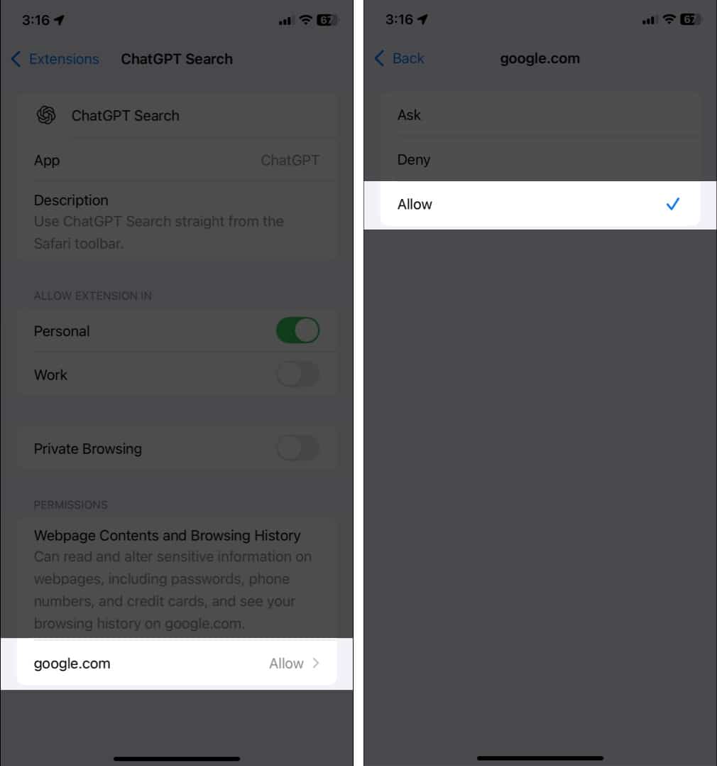 Tap on google and select Allow to set ChatGPT as default search engine