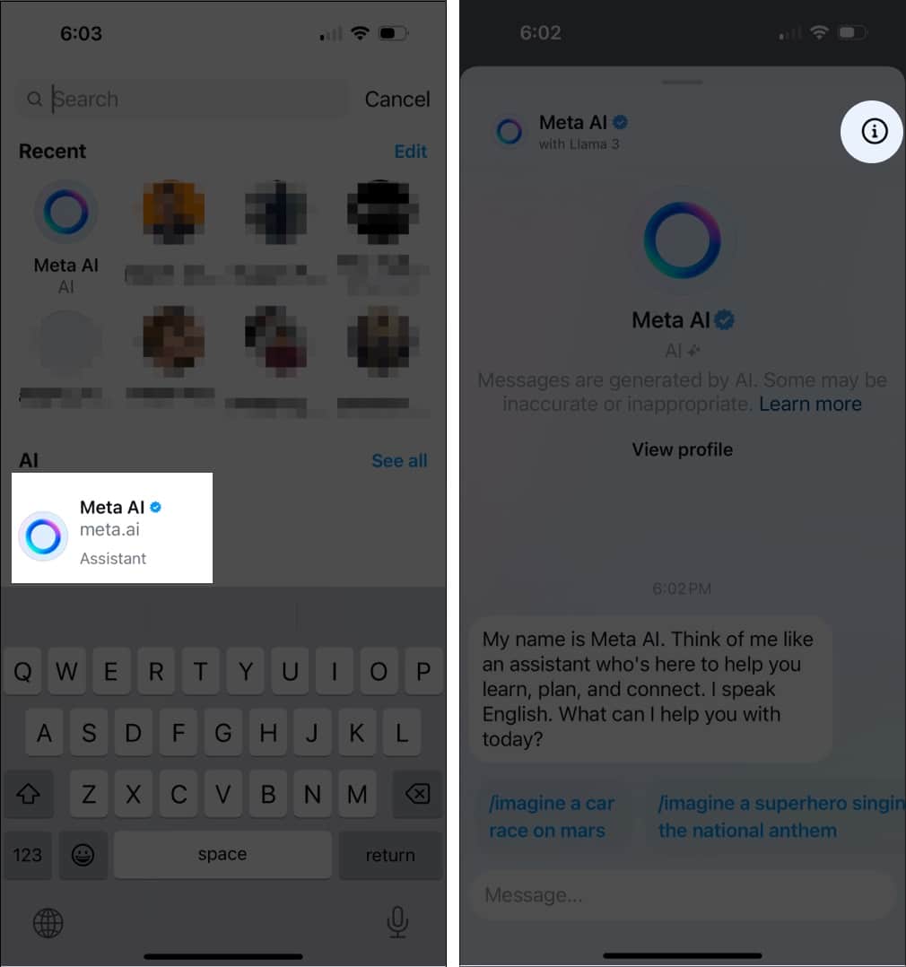Tap on information icon in Meta AI in Instagram app