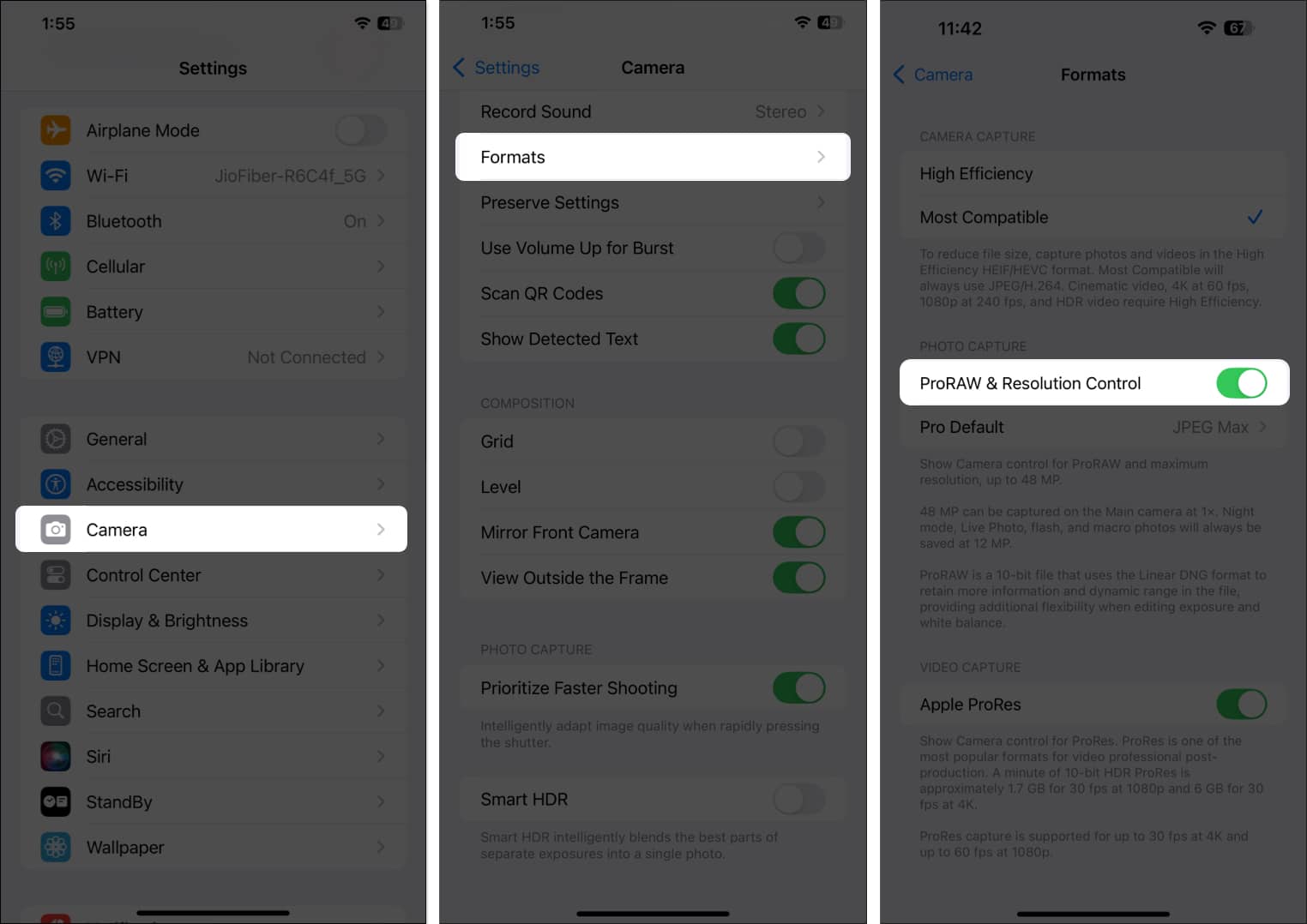 ProRAW and Resolution Control option in iPhone Settings app.