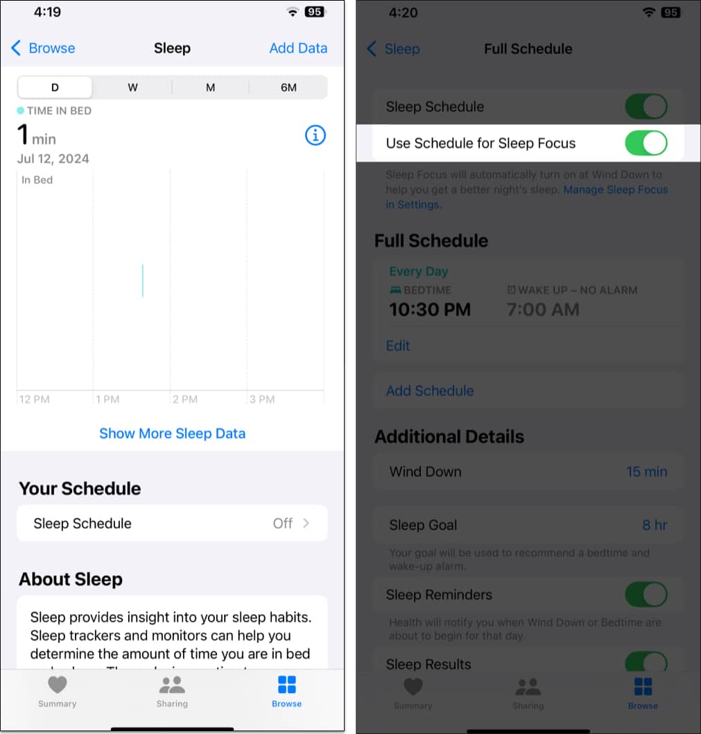 Toggle on Use Sleep Schedule for Sleep Focus