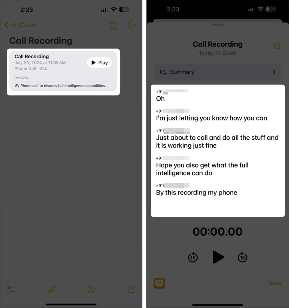 Transcripts for recorded phone calls in the Notes app on an iPhone