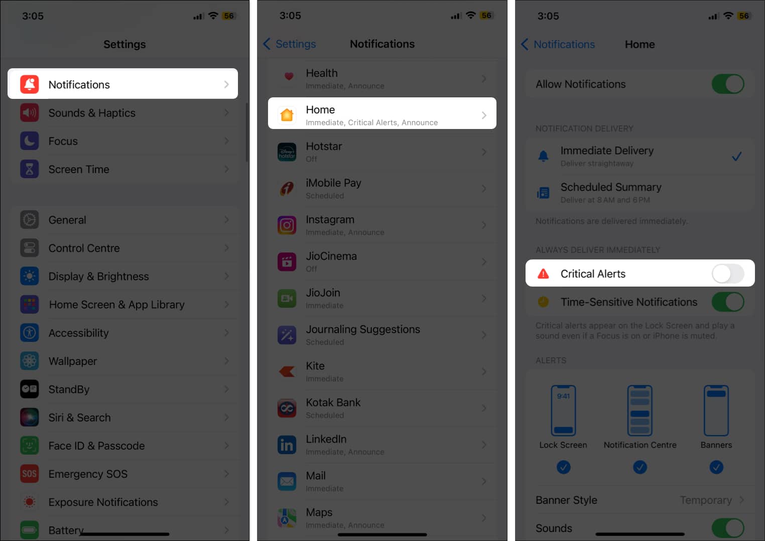 Critical Alerts notifications settings on an iPhone