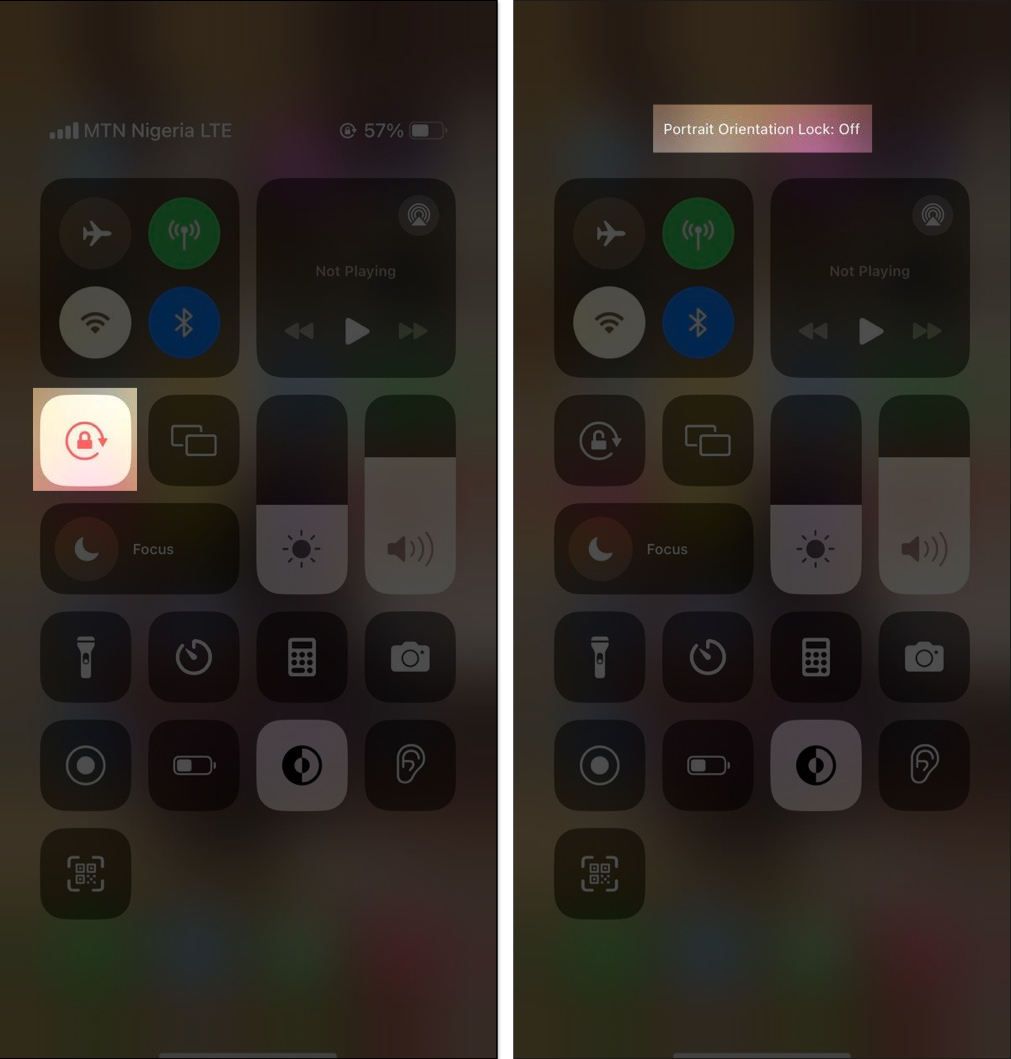 Portrait Orientation Lock button in the Control Center on an iPhone.