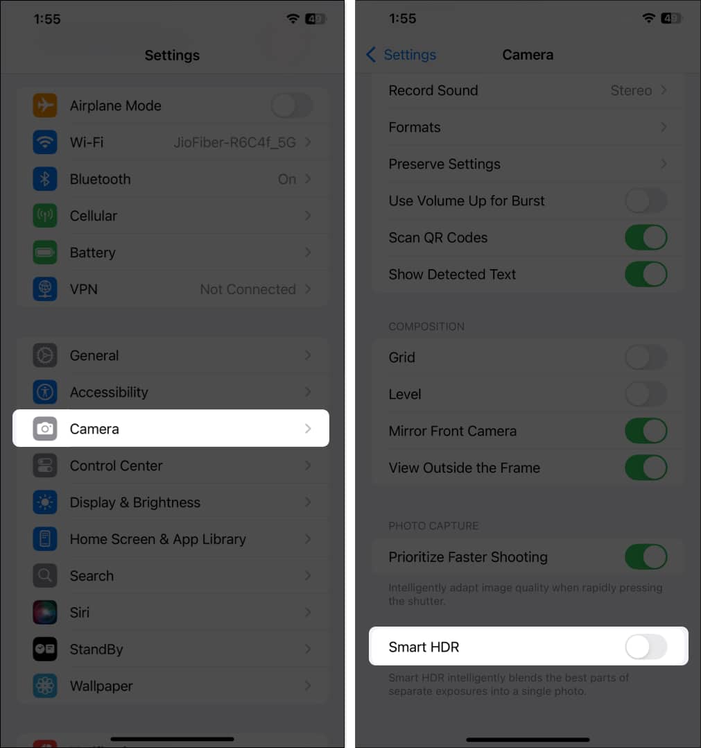 Smart HDR settings in iPhone Settings app.