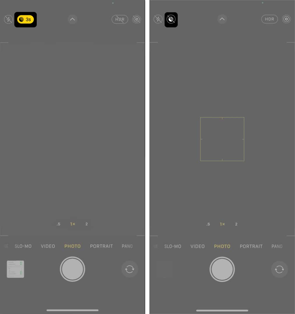Night Mode toggle in iPhone Camera app.