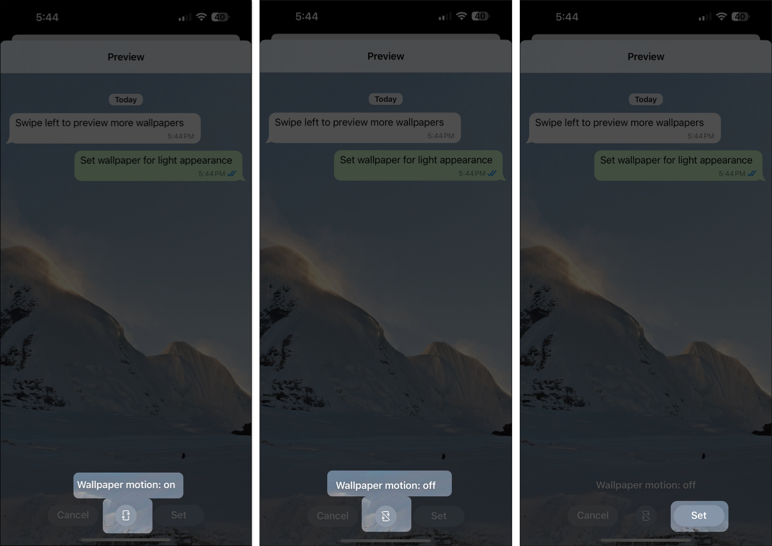 Wallpaper Motion feature preview screen for a WhatsApp wallpaper in iOS WhatsApp app.