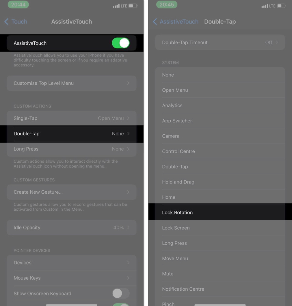 AssistiveTouch page in the iPhone Settings app.