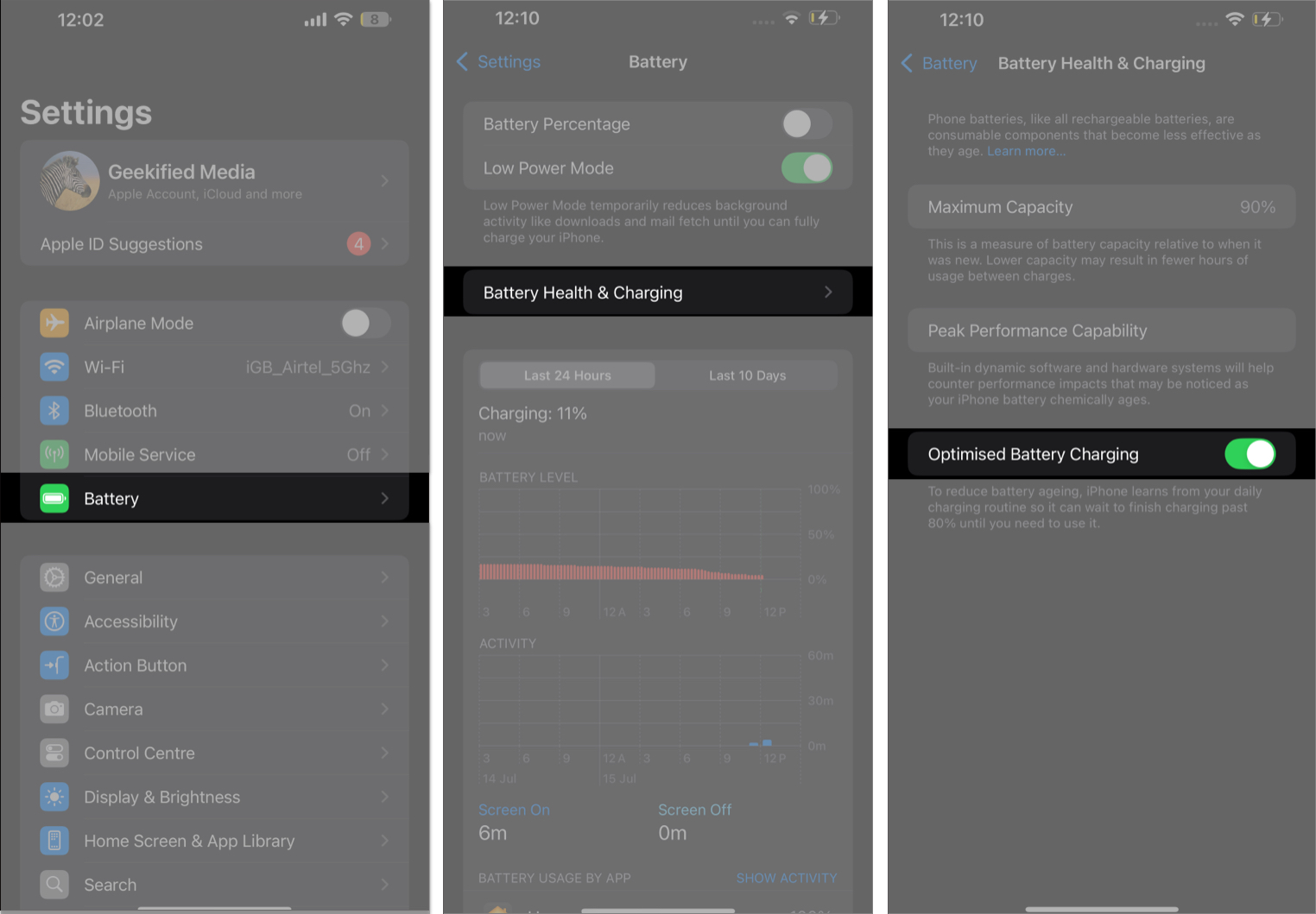 Battery Health & Charging screen in iPhone Settings app.