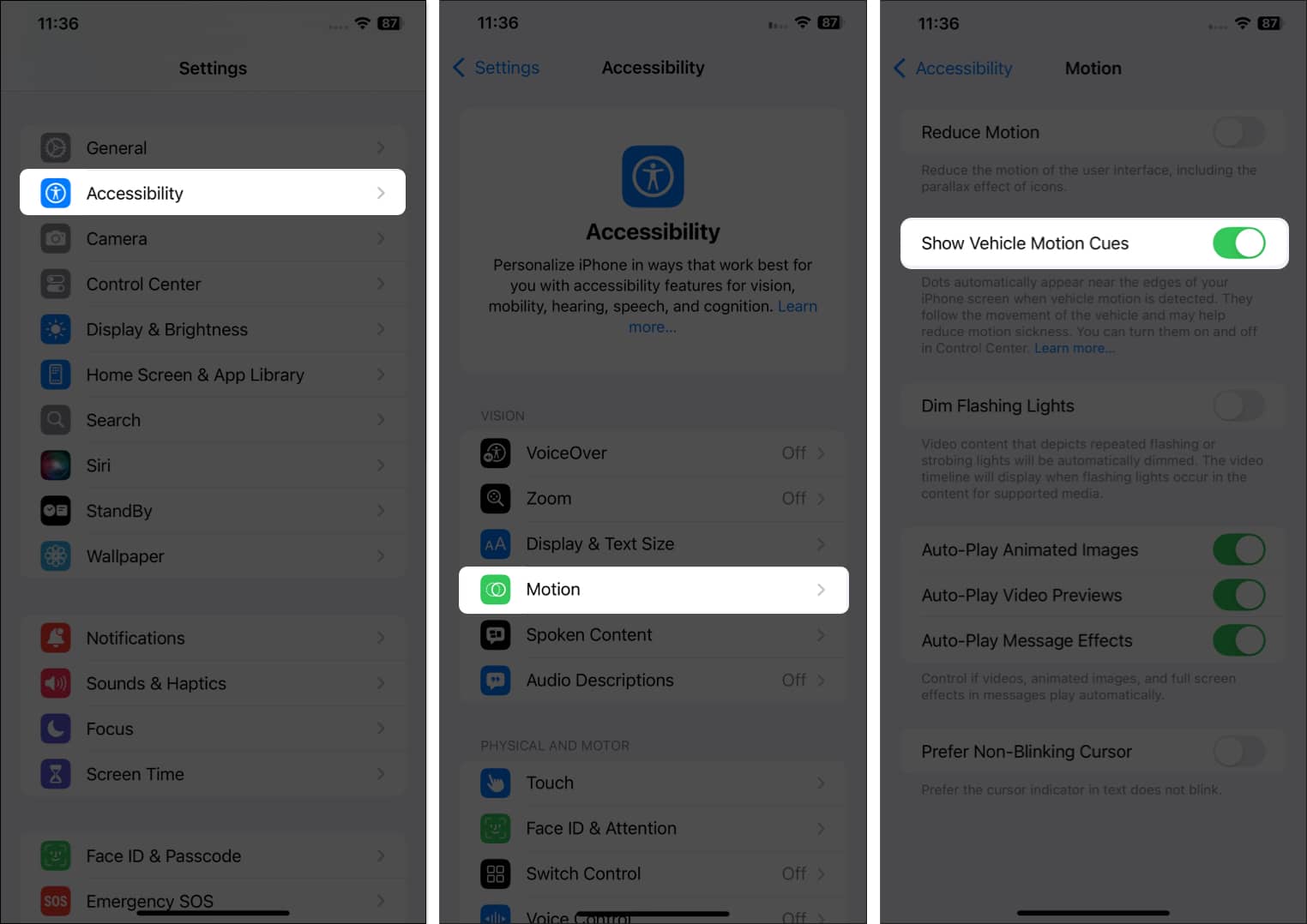 Show Vehicle Motion Cues feature in iOS 18 Settings page on an iPhone