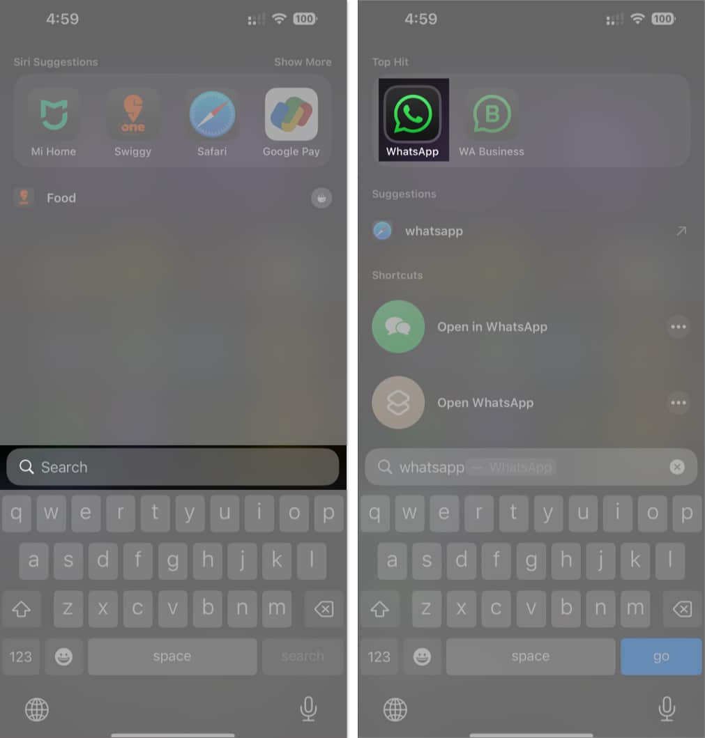 Finding WhatsApp in Spotlight Search on an iPhone