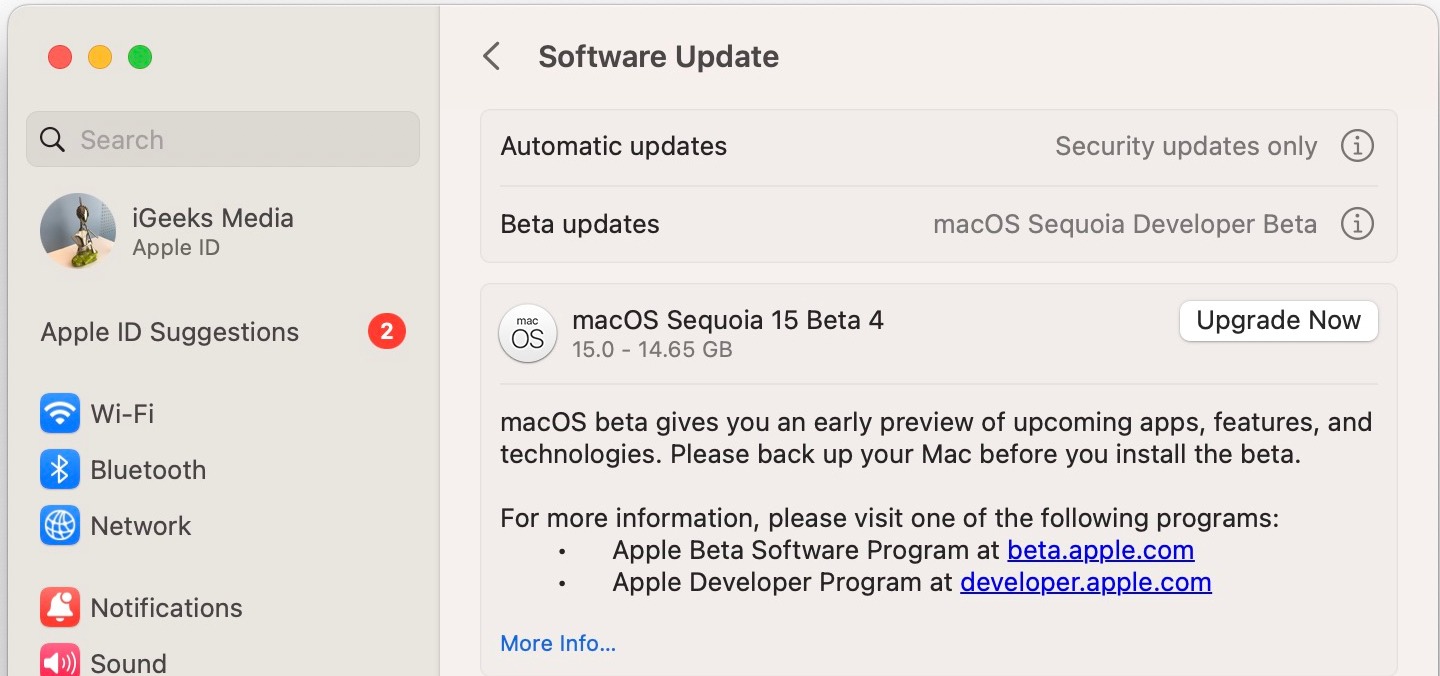 Upgrade macOS Sequoia developer beta 4