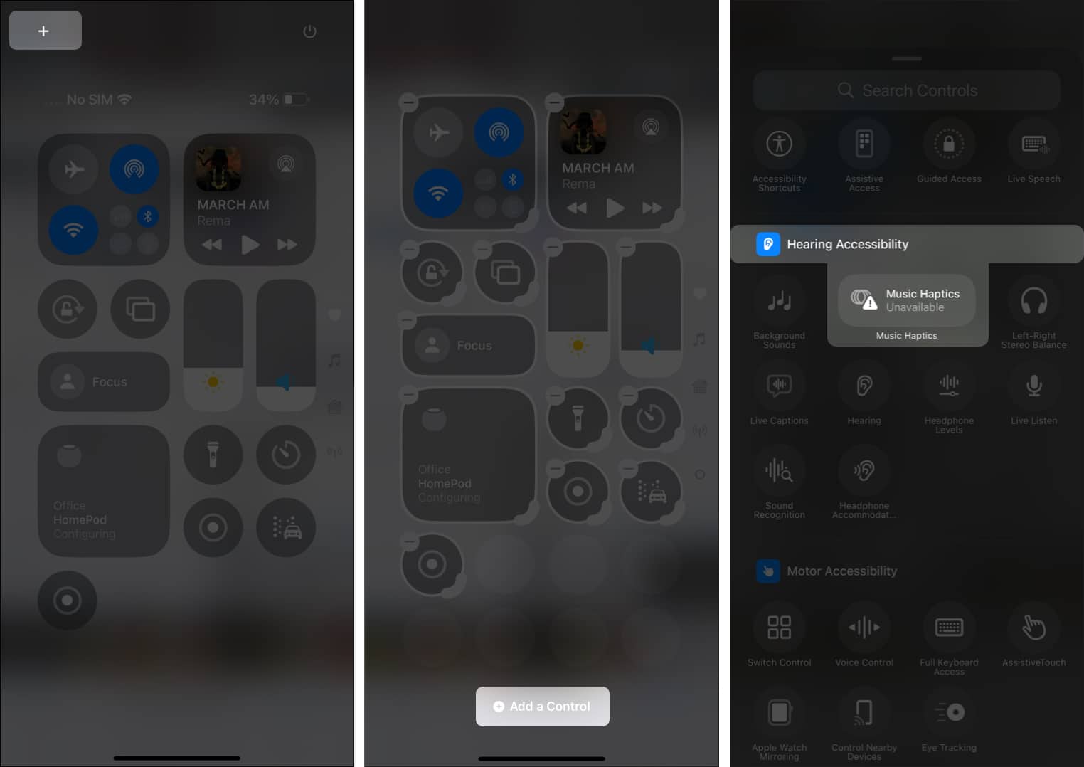 Adding the Music Haptics control to the iPhone's Control Center.