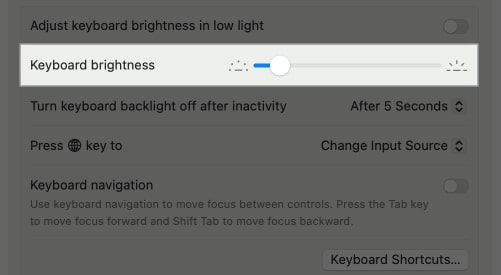 Keyboard Brightness option in macOS System Settings