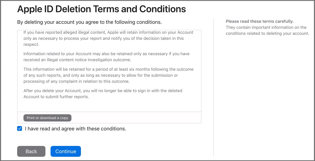 Silinməyə davam etmək üçün Apple ID-nin silinməsi şərtləri ilə razılaşın