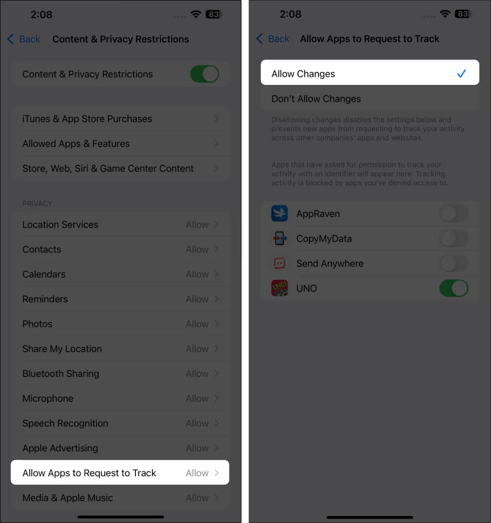 Selecting the Allow Changes option to allow apps to request to track on an iPhone