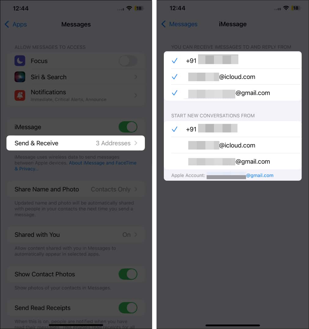 Selecting phone number and email as contact options for iMessage on an iPhone