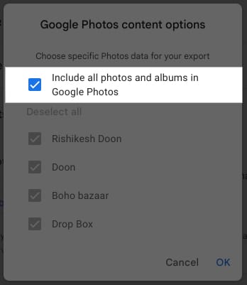 Google Photos Content Options prompt on Google Takeout