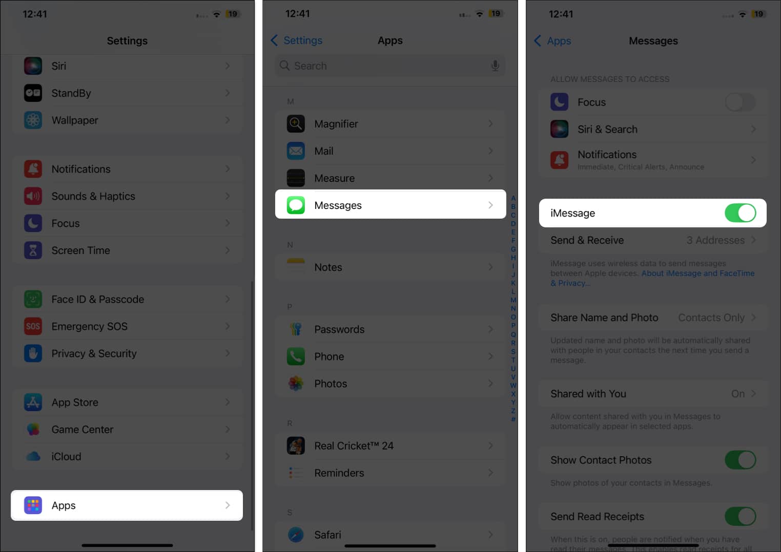 iMessage togol di bawah tetapan Mesej dalam apl Tetapan pada iPhone