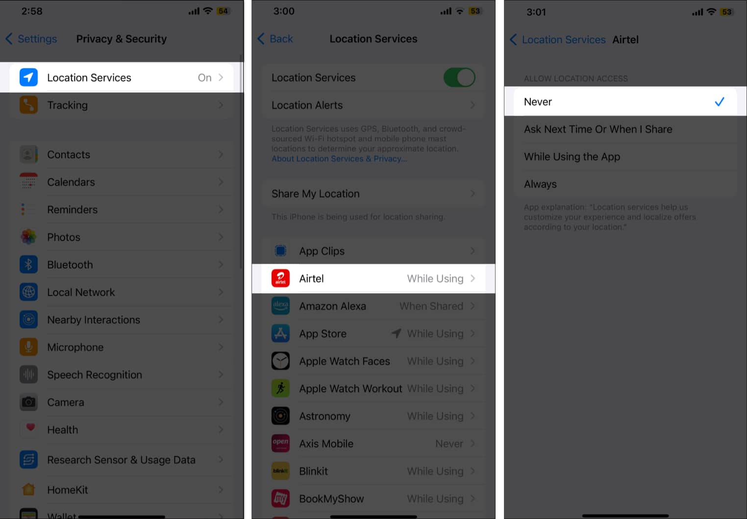 Disabling Location Service access for an app on an iPhone