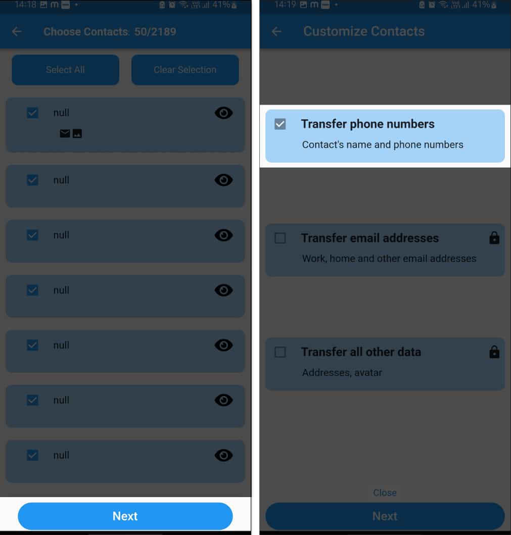 Transferring selected contacts in the Contacts Transfer app on Android