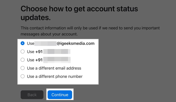 Choosing how to receive status updates for Apple ID deletion request