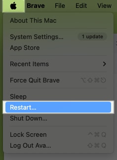 Restart option in the Apple menu bar on a Mac